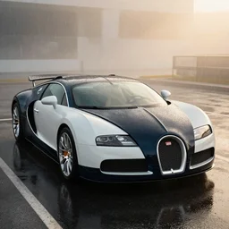 parked Bugatti Veyron EB 16.4, environment reflected in the polished car, fog, rain, volumetric lighting, beautiful, golden hour, sharp focus, ultra detailed, cgsociety