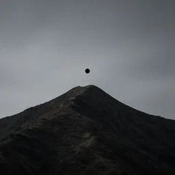 a black dot in the sky pulling a mountain up towards it, dark lighting, landscape
