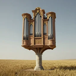 a detailed render of an isolated lonely large pipe organ, in the middle of a field, supported by a lone stone column, trending on artstation, render, 3 d, octane, 4 k, 8 k, unreal engine, cinema 4 d, baroque, art deco