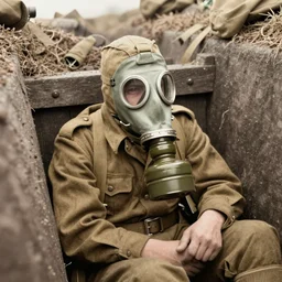 vintage photograph of a soldier in a trench during world war 1, wearing a gas mask