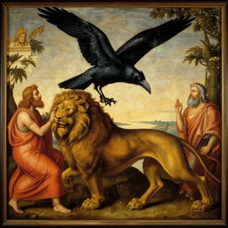 hindu monks worshipping giant crow as devil on greek senete baroque painting, lionardo davinchi