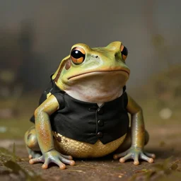 an anthropomorphic amazon milk frog wearing a black buttoned waistcoat, an american romanticism painting by john trumbull, cgsociety, soft focus