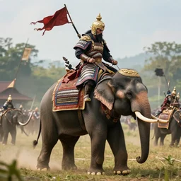 a warrior clad in traditional thai fantasy berserk armor riding an elephant into battle