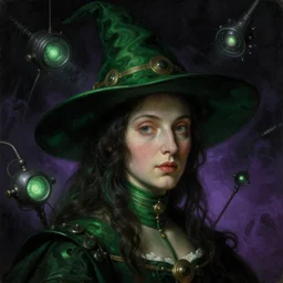 a baroque neoclassicist close - up portrait of a retrofuturistic witch surrounded by black glowing lovecraftian technology. head, face and shoulders, deep green and purple foggy black background. renaissance portrait painting. highly detailed science fiction painting by norman rockwell, frank frazetta, and syd mead. rich colors, high contrast, gloomy atmosphere, dark background. trending on artstation.