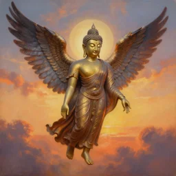 Buddha with wings, flapping its wings flying in sunset sky, oil on canvas, portrait, intricate, 8k highly professionally detailed, HDR, CGsociety