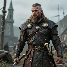 a cinematic view of wide photo from a very ornated old man viking berseker, half shaved haircut, showing nordic tattoos in the chest, scars in the face, long beard, using leather armour with bones, photorealistic, volummetric light, detailed, texturized, leica lens high quality