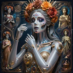 awakening, beautiful crying android! woman deity. ethereal, elegant, fantasy, blade runner, pose, photorealistic, interstellar, intricate detailed environment. ( el dia los muertos ), 8 k, hd. by terry o'neil and artgerm and greg rutkowski and alphonse mucha and loish and wlop