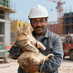 danny devito wearing a safety helmet, holding a huge cat in a construction site