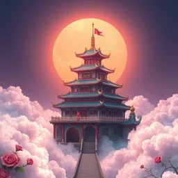 a chinese - style castle on a cloudy deck, rose, colorful, digital illustration, light effect, 4 k, macro lens, by jenny mati on the artstation