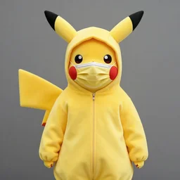 a person wearing a pikachu overall and a yellow surgical mask