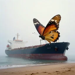 in the misty morning, a giant butterfly lands on a huge cargo ship stranded on the sand, by joseph zbukvic