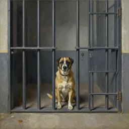 one dog holding a key in front of prison cell, wide angle, realism, old painting, oil painting, oil in canvas