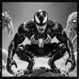 a film frame of Venom from 1954 B-movie Spiderman vs the space monster, black and white, film grain