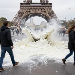 yogurt meteor crashes into paris, the entire city is covered in yogurt, high resolution crash site footage taken from the perspective of a pedestrian, trending on artstation