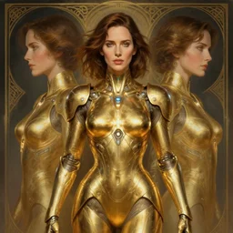 symmetry!! portrait of jennifer connelly, gold sci - fi armour, tech wear, glowing lights!! sci - fi, intricate, elegant, highly detailed, digital painting, artstation, concept art, smooth, sharp focus, illustration, art by artgerm and greg rutkowski and alphonse mucha