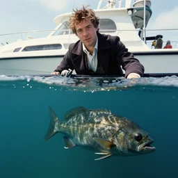 style of charlie bowater, horizontal split shot, split water shot, underwater fishy seacreature lurking, above water boat