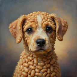 painting of a very cute dog made of beans, close up of a puppy, dog's skin is made of baked beans, by zdzislaw beksinski, by dariusz zawadzki, by wayne barlowe, gothic, surrealism, cosmic horror, lovecraftian, cold hue's, warm tone gradient background, concept art, beautiful composition