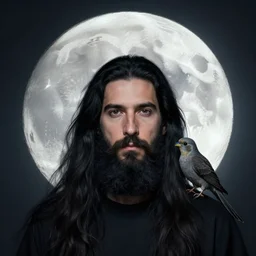 portrait of an unkle moon with long black hair and beard and his imaginary bird friend, fine portrait, beautiful, realistic, magical, by tomer hanuka
