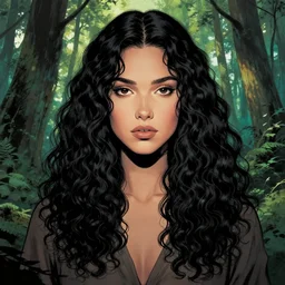 artgerm, joshua middleton comic cover art, full body pretty even rachel wood faye, symmetrical eyes, symmetrical face, long curly black hair, beautiful forest, cinematic lighting