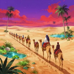 anime muslims journeying across an enchanted isekai desert ocean on camel through a lush oasis, heatwaves anime aesthetic, bright purple and red sky. pond off to the side, by greg rutkowski. stars in the sky - t