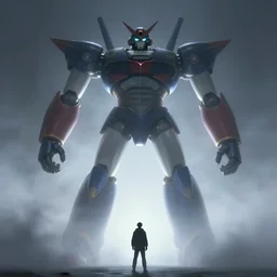 mazinger z, giant robot, silhouette of a small man below, ominous, ethereal, misty, volumetric fog, beautiful specular illumination, smooth, dynamic, artstation, octopath traveler, by tuomas korpi, unreal engine 5