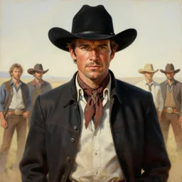 poster portrait of ed harris as a black hat cowboy in silverado ( 1 9 8 5 ). oil painting elegant, highly detailed, centered, digital painting, artstation, concept art, smooth, sharp focus, illustration, artgerm, tomasz alen kopera, peter mohrbacher, donato giancola, joseph christian leyendecker drew struzan