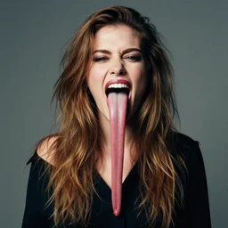 model with an incredibly long tongue, realistic vivid studio portrait in the style of annie leibovitz, vfx, 8 k resolution, vsco film