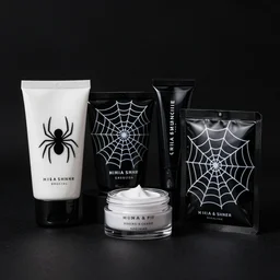 a range of sophisticated high - fashion spider web cosmetic packaging on a black background, product shot, studio lighting