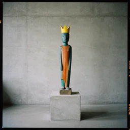 kodak portra 4 0 0, 8 k, shot of a highly detailed, britt marling style, colour still - life portrait of a large minimalistic room, rough concrete walls, a single rough carved wooden teal and orange striped coloured statue is standing on a concrete podest with a yellow crown on his head, muted colours
