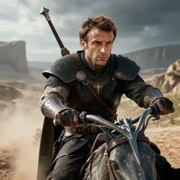 Emmanuel Macron (2017), an epic fantasy, dramatic lighting, cinematic, establishing shot, extremely high detail, photorealistic, cinematic lighting, artstation, by simon stalenhag, The Elder Scrolls III: Morrowind, the Nerevarine drives across Morrowind
