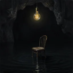 painting, chair under an edison bulb in empty black space, black cave lake, cgsociety, steampunk, extreme contrast, sunken in black water, void