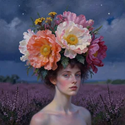 closeup, huge flowers as head mohawk, woman in a heather field, surreal photography, starlight, storm clouds, impressionist painting, digital painting, artstation, simon stalenhag