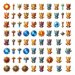 A dofus online game assets spritesheet by blizzard, magic spells and weapons, vector art, very detailed
