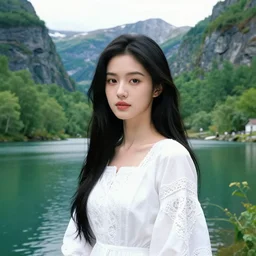Intricate picture of a single 25 years old Paludnitsa in a lush fjord. Long black hair, perfect face, beautiful eyes, intricate white dress, smooth, vivid colors, highly detailed, dreamlike, digital art by Eddie Mendoza, 4k, very wide shot.