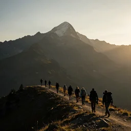 a bunch of hikers going up a mountain, view from above, kilian eng, silhouettes