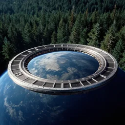 intergalactic stargate portal on a planet with a forest in the background by lawren harris