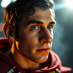 portrait of luigi as superman in gears of war, splash art, movie still, detailed face, photorealistic facial features, cinematic lighting, dramatic, octane render, long lens, shallow depth of field, bokeh, anamorphic lens flare, 8 k, hyper detailed, 3 5 mm film grain