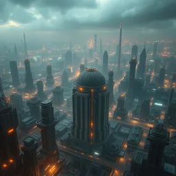 cult of technology, exterior, scifi, machines, artificial intelligence!!, ultra realistic, highly detailed, brain in a vat!!, futuristic landscape, industrial, city, utopian architecture, birds eye view, atmosphere, masterpiece, epic lighting, bright, cinematic, art by jan urschel and neil blevins