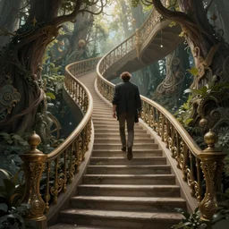 a man walking up a steep and winding staircase, in magical woods, intricate, elegant, highly detailed, fantasy digital painting, artstation, concept art, sharp focus, beautiful illustration, by justin gerard and artgerm, 8 k