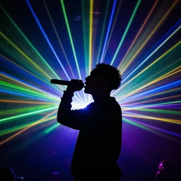 rapper using microphone, epic angle, profile view, silhouetted, distinct, psychedelic hip-hop, laser light show, beams of light