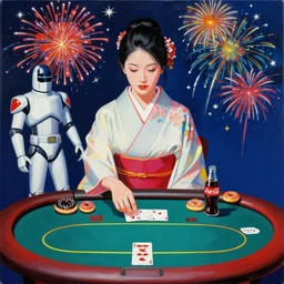 woman in a japanese kimono sitting at an extremely detailed poker table with the startrooper, sake, coca cola, donuts, on the table, fireworks and stars on the background, by andy warhol, by roy liechtestein, canvas, acrylic paint, cool color palette, masterpiece, 4 k, ultra - hd