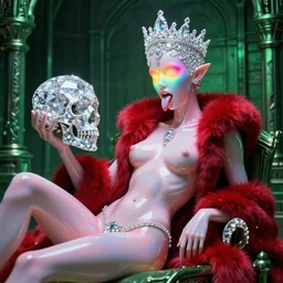 photo of baroque and bladerunner delicate neon diamond sculpture of ceramic seductive albino prince oscar isaac delicious tongue sticking out, creamy pink iridescent humanoid deity wearing red furry hoody holding diamond skull in a green metallic dungeon, reclining, glowing rainbow face, crown of white diamonds, cinematic lighting, photorealistic, octane render 8 k depth of field 3 d
