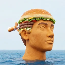 a giant human head sculpture in the sea made out of juicy hamburgers, long shot, hyper detailed, hyper realistic, ray tracing, 8 k resolution, sharp focus, realistic water, award winning