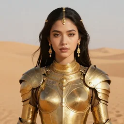 young dejah thoris on mars wearing detailed plate armor made of gold, portrait, extreme close - up, high noon, gold jewelry, elegant small tiara, giant sand dunes to the horizon, fantasy, advertising photo from the 8 0's