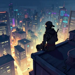 a lunarpunk ninja on the roof of the building watching the lunarpunk city, overhead view, digital art, trending on artstation, behance, deviantart,