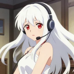 anime poster still portrait of a japanese young woman, large red eyes, long white hair!!!!, wearing a headset in her room interior, detailed facial features, dynamic pose, cute face by takashi takeuchi, ilya kuvshinov, makoto shinkai, studio ghibli, akihiko yoshida, 4 k
