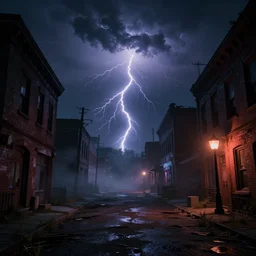 Abandoned streets of America at night in the year 2600AD, dark and misty, evil, lightning storm, vibrant colors, by Stephen King, misty, moody, sinister, cinematic lighting, cinematic color grading, 8k render, hyperrealistic, ultra HD, Unreal Engine 5 render