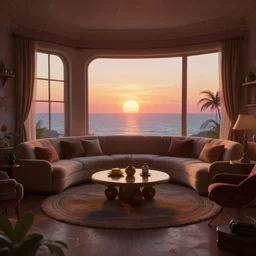 retro photo of virtual interior, crisp, artstation, luxury, beautiful, dim painterly volumetric aquatic sunset lighting, 3 d concept art