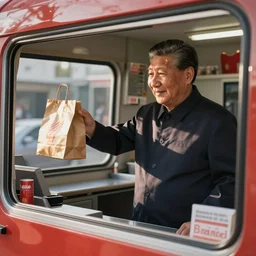xi jinping working as a fast food drive - through cashier handing you a paper bag