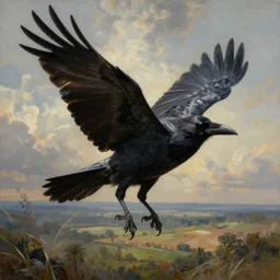 hyper realistic painting, detail of giant crow flying in a surreal landscape